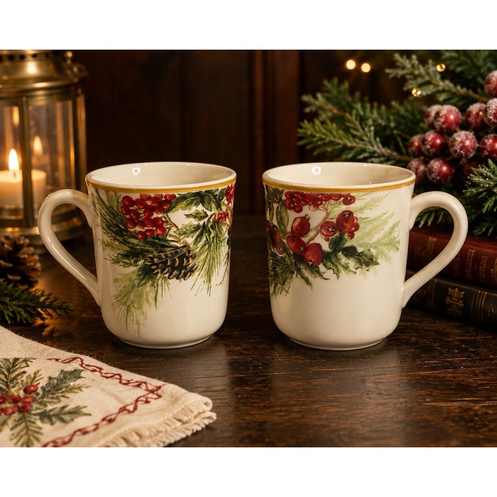 Williams Sonoma Christmas Mugs Set of 2 Red Berry Holly Pinecone Portugal